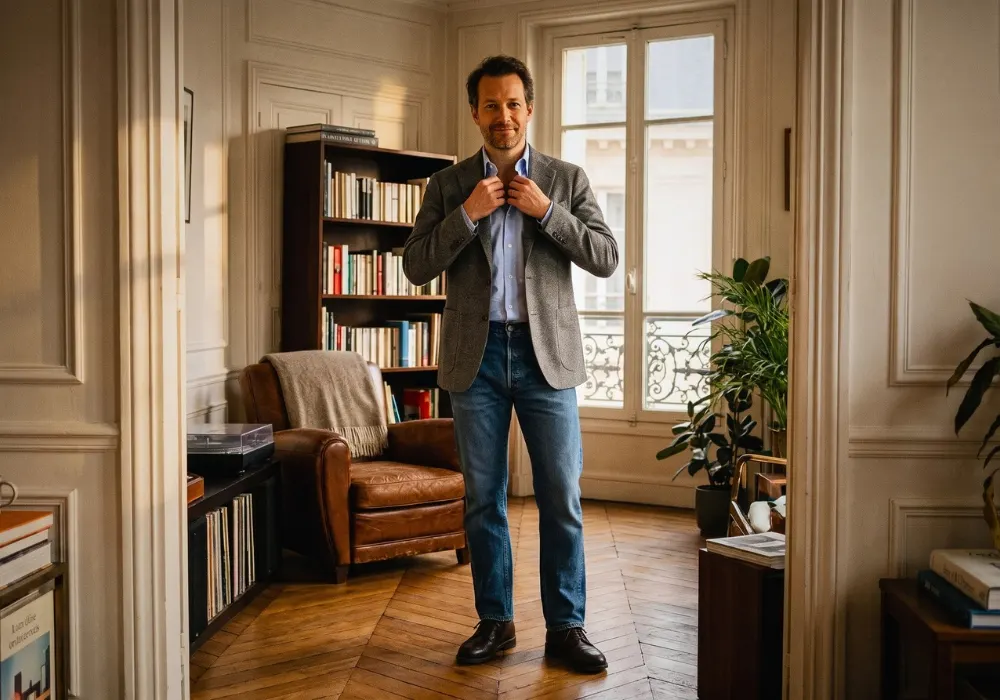 Homme d’une quarantaine d’années ajustant son blazer en flanelle grise dans un appartement haussmannien avant un rendez-vous