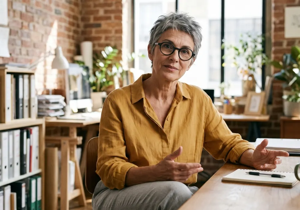 Exemple d'une femme de plus de 50 ans qui accorde sa palette de couleurs en fonction de la couleur de ses cheveux.