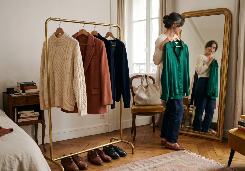 Exemple d'une femme de plus de 50 ans qui choisit la couleur de ses vêtements.