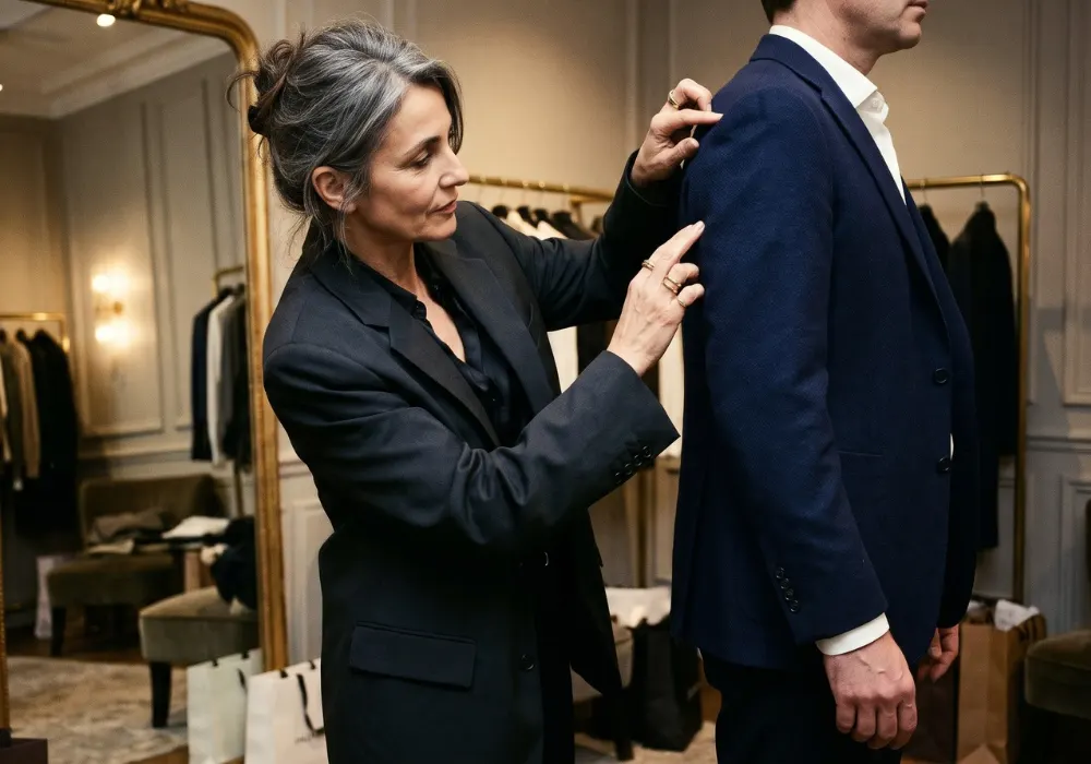 Conseillère en image vérifiant la couture d’épaule d’un blazer marine dans la cabine d’essayage d’une boutique parisienne