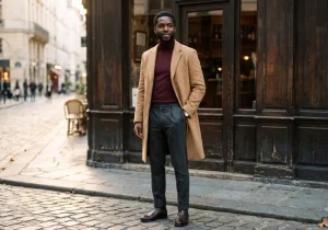 Homme en manteau camel et col roulé bordeaux dans une rue pavée du Marais, en fin d’après-midi d’automne